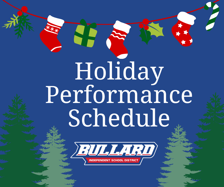  Holiday Performance Schedule text on blue background